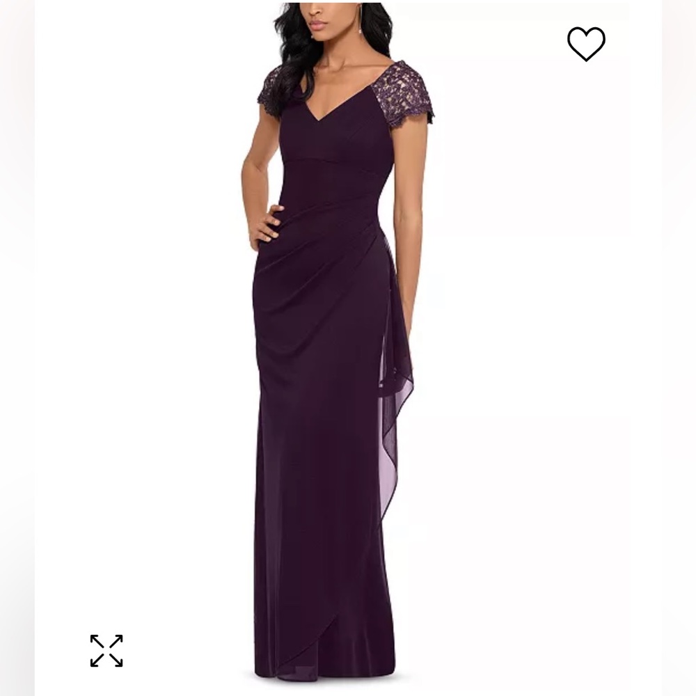 NWT,XSCAPE,Lace-Sleeve Chiffon Gown,plum/body color lace